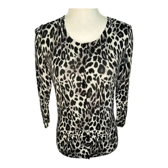Ann Taylor Petite‎ Small Cheetah Print 3/4 Sleeve Cardigan Sweater - Picture 1 of 7